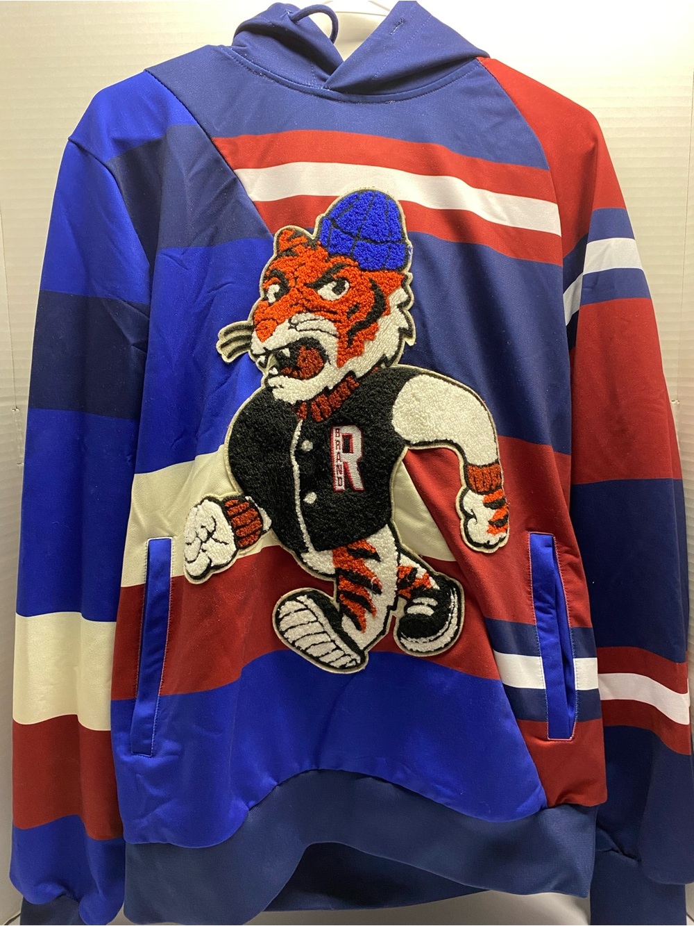 Reason Red & Blue Striped Crewneck Hoodie with Tiger Patch